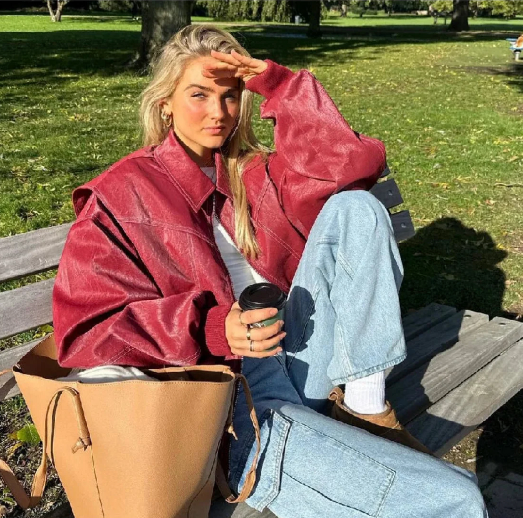 Ella | Effortless Oversized Contrast Stitch Leather Jacket