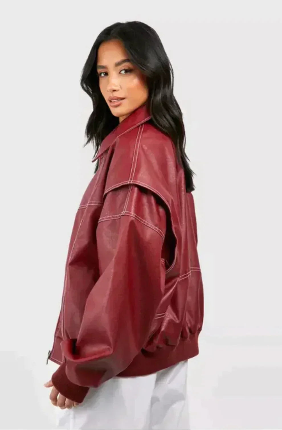 Ella | Effortless Oversized Contrast Stitch Leather Jacket