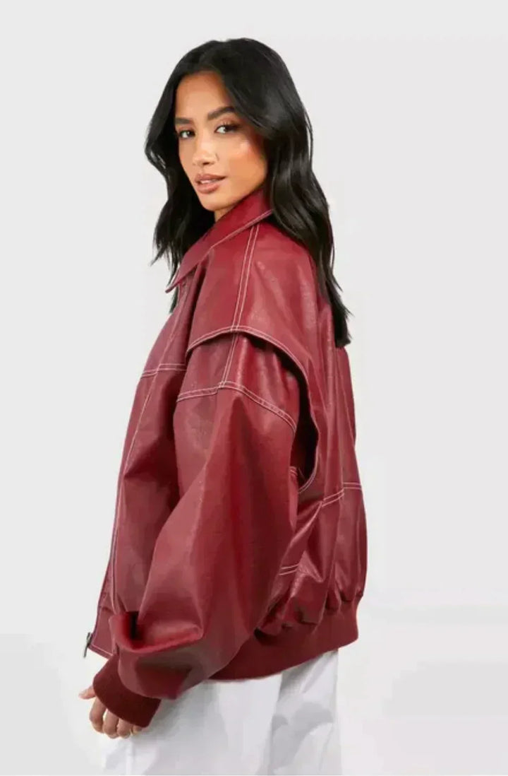 Ella | Effortless Oversized Contrast Stitch Leather Jacket