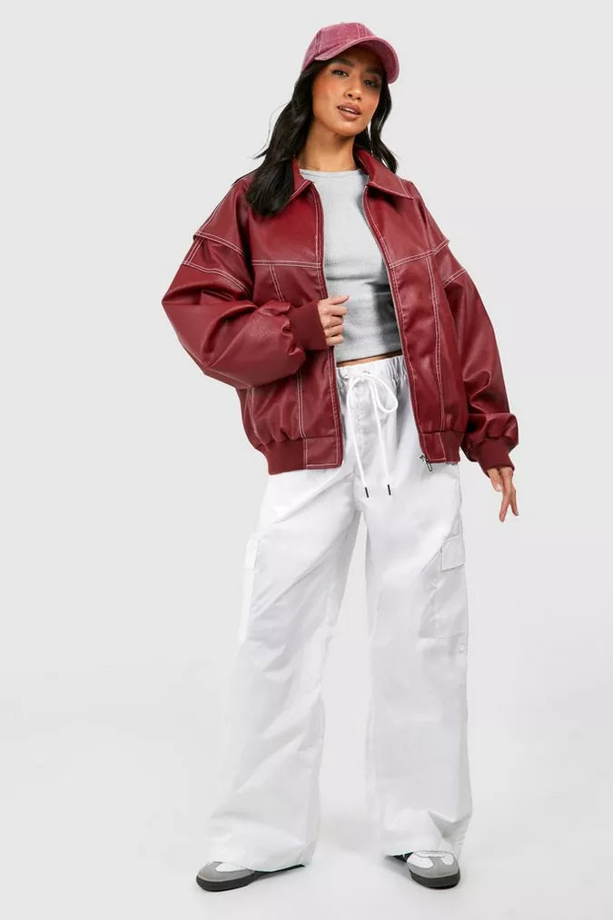 Ella | Effortless Oversized Contrast Stitch Leather Jacket