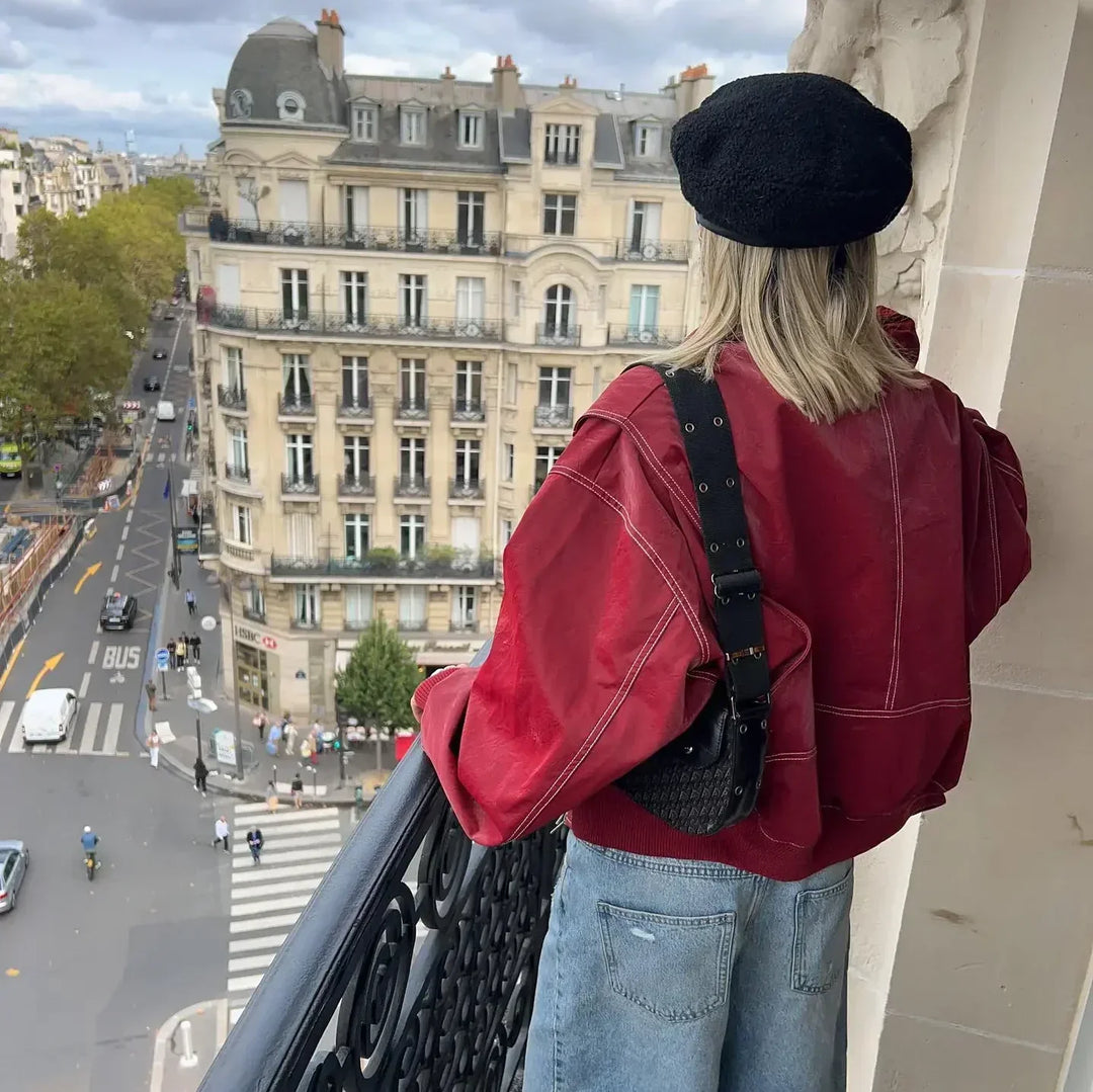 Ella | Effortless Oversized Contrast Stitch Leather Jacket