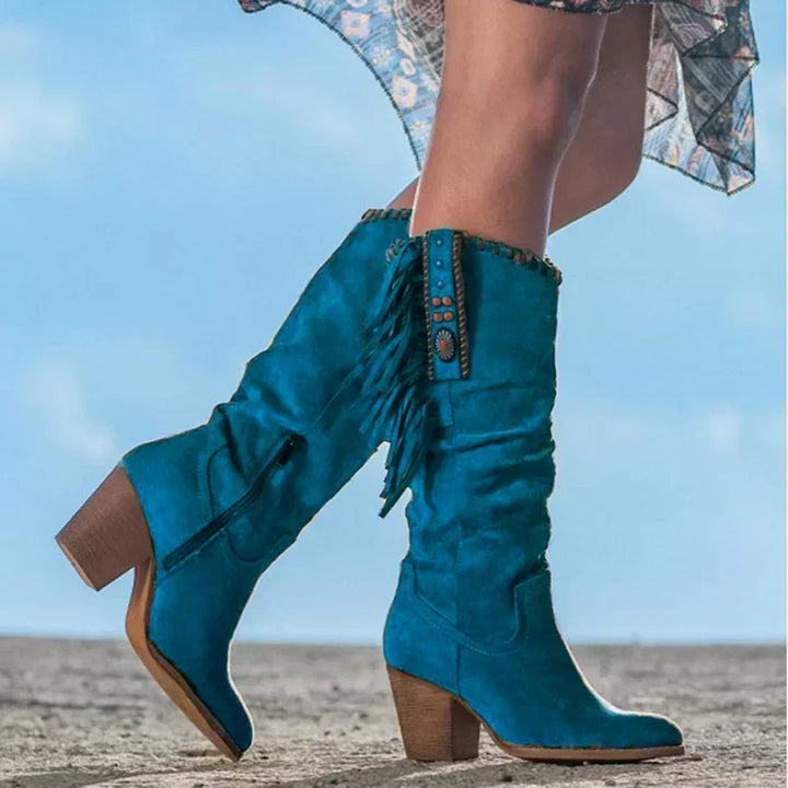 Ella | Fringed Mid Calf Block Heel Cowboy Boots