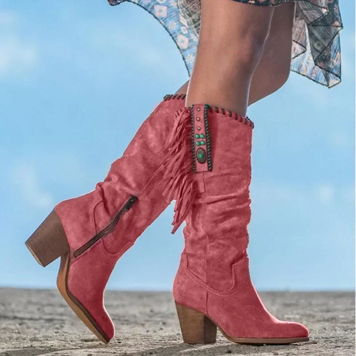 Ella | Fringed Mid Calf Block Heel Cowboy Boots