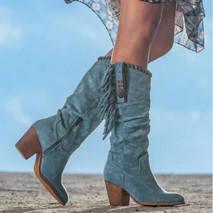 Ella | Fringed Mid Calf Block Heel Cowboy Boots