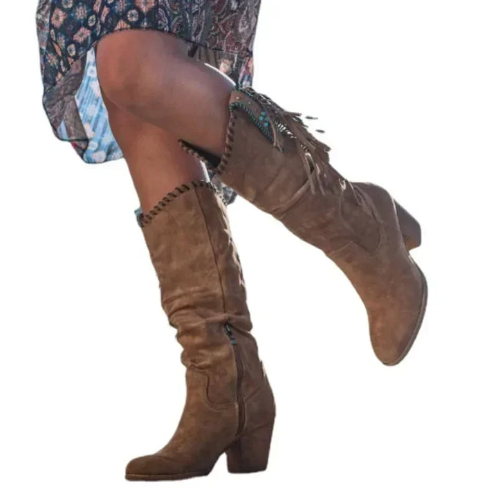 Ella | Fringed Mid Calf Block Heel Cowboy Boots
