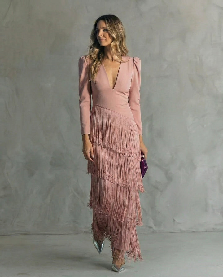Ella | Graceful Fringe V-Neck Cocktail Party Dress