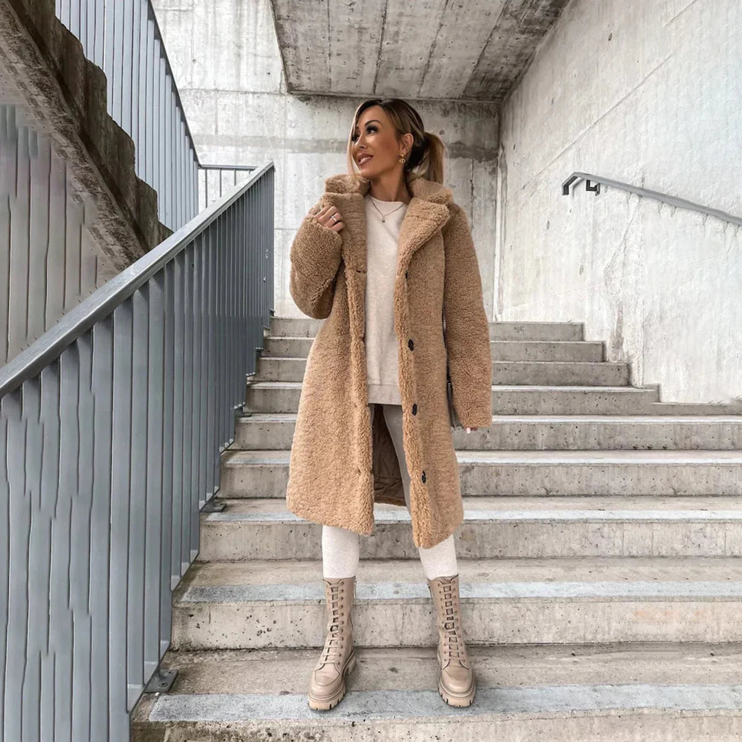 Ellie | Polished Longline Teddy Fur Jacket with Lapel Collar