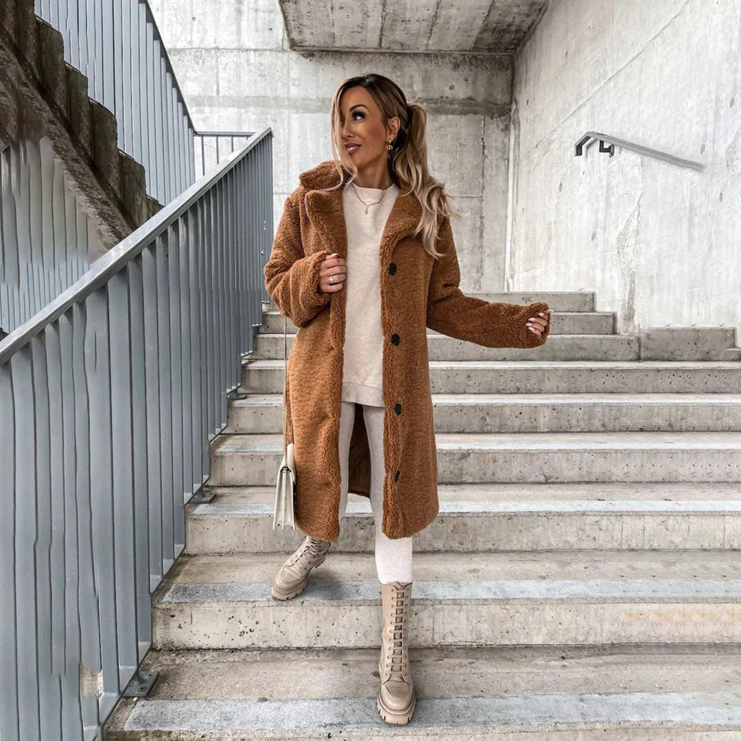 Ellie | Polished Longline Teddy Fur Jacket with Lapel Collar