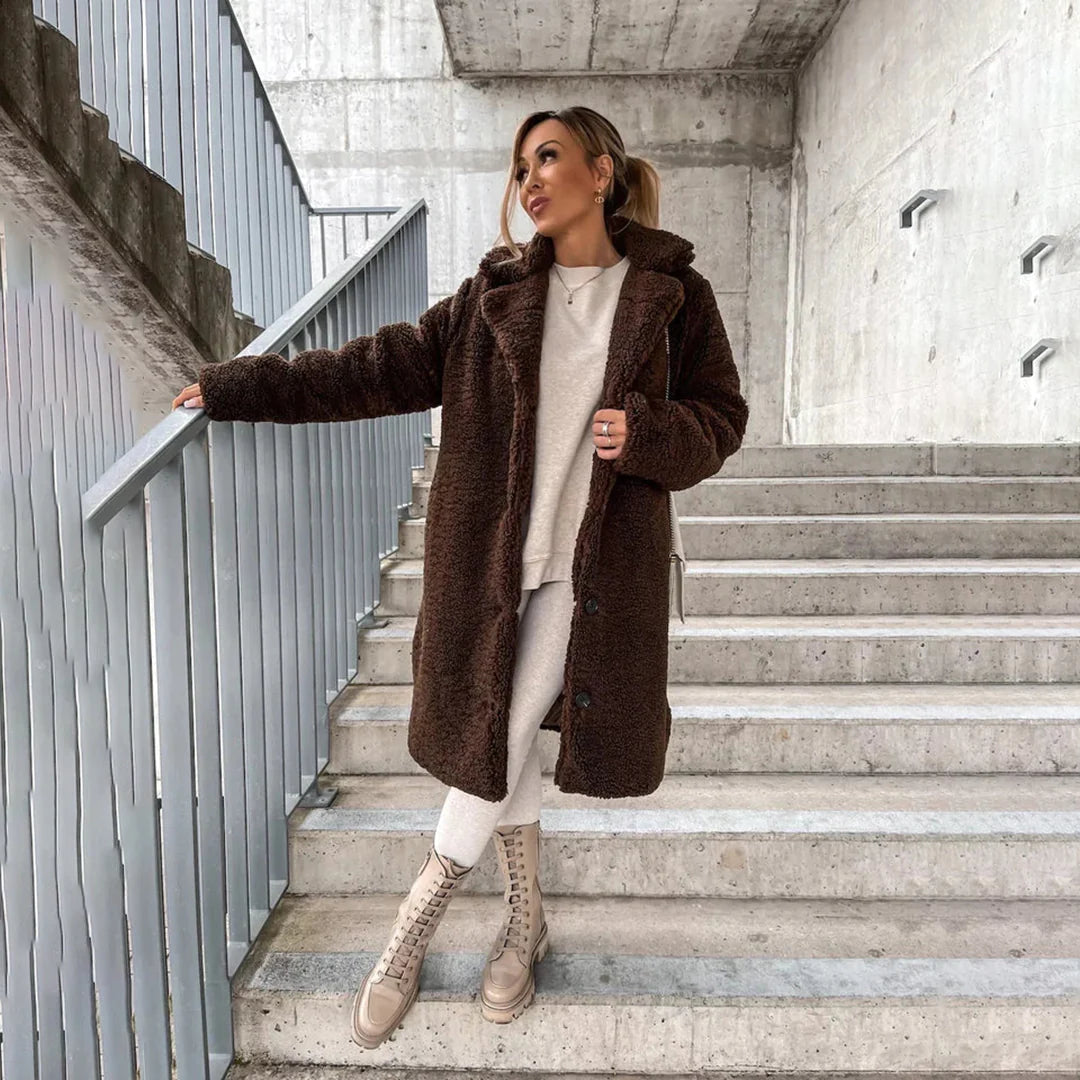 Ellie | Polished Longline Teddy Fur Jacket with Lapel Collar