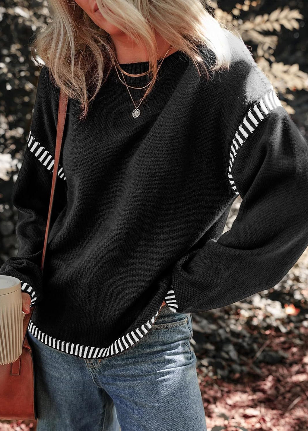 Ellie | Relaxed Contrast Trim Crew Neck Knitted Jumper