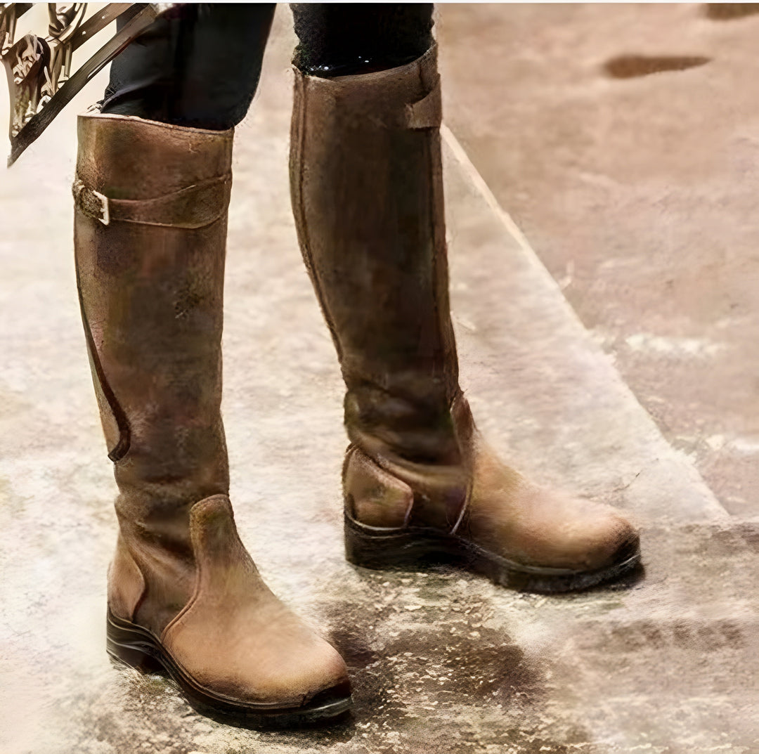 Elsie | Buckle Strap Low Heel Knee High Boots