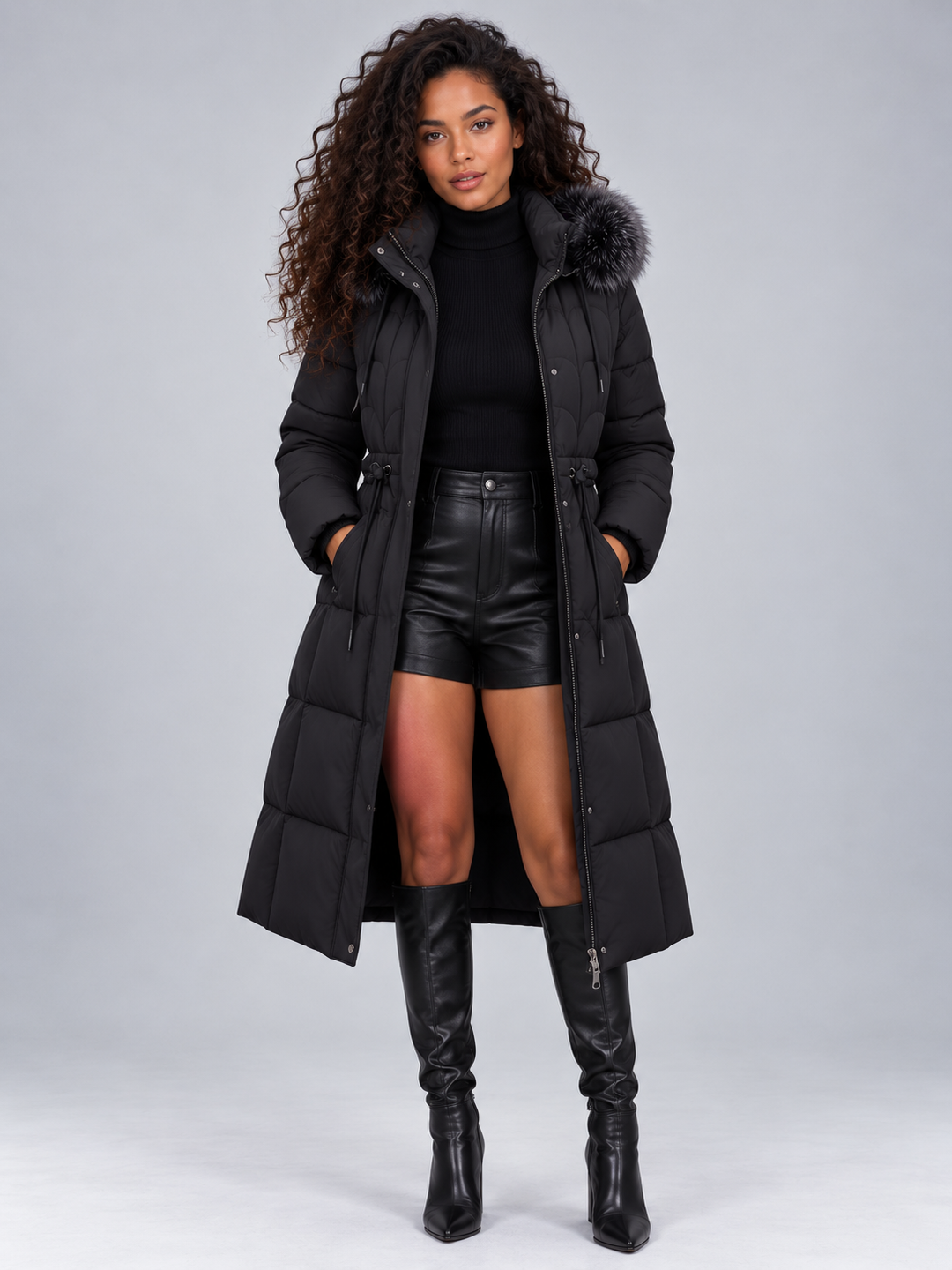 Emilia | Cosy Longline Quilted Faux Fur Coat with Hood