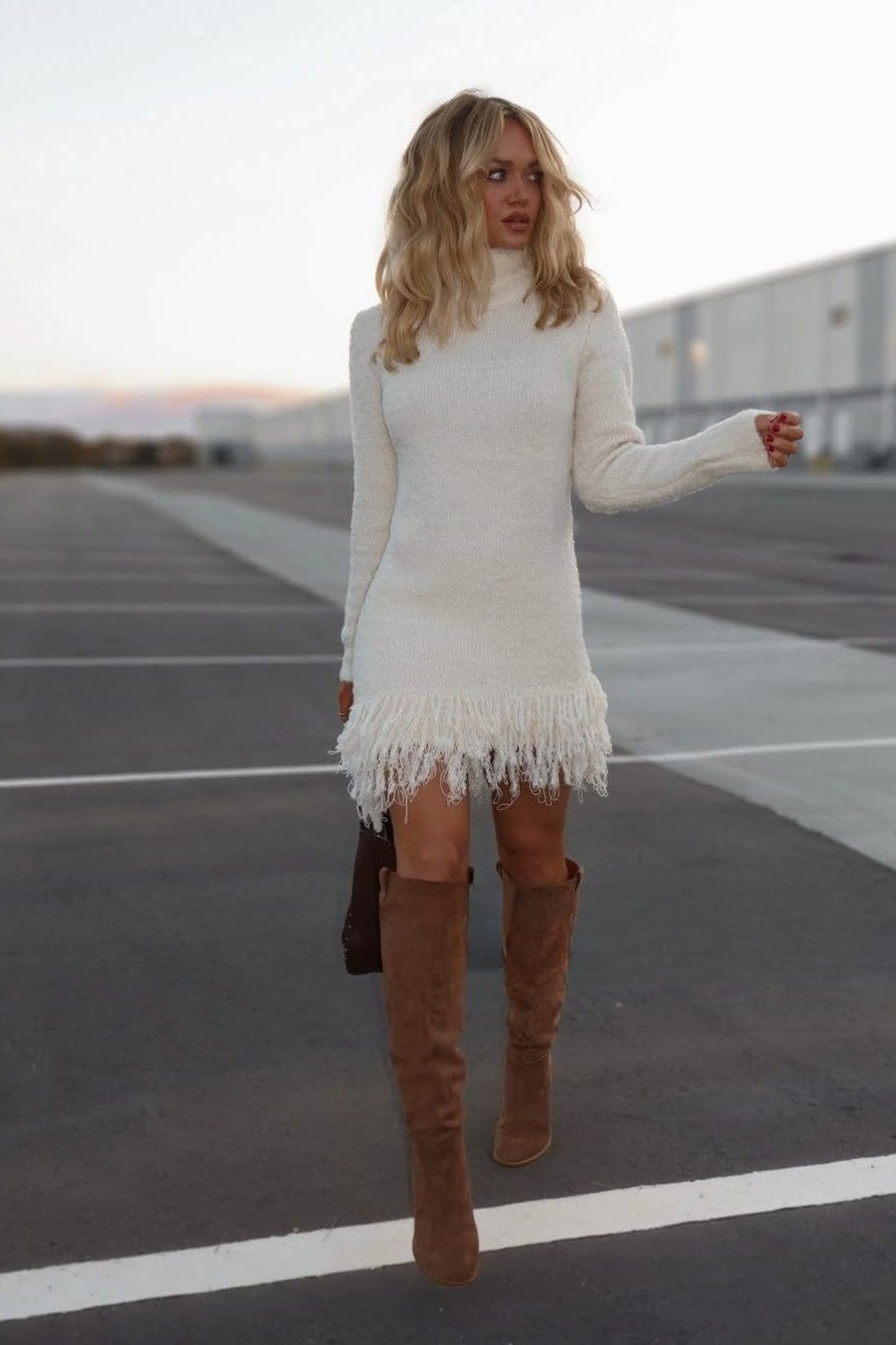 Emily | Elegant Fuzzy Turtleneck Jumper Dress with Fringe Hem