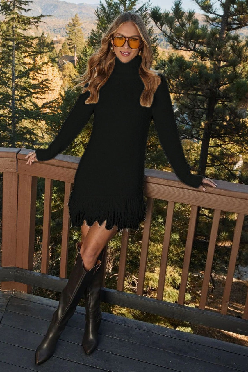 Emily | Elegant Fuzzy Turtleneck Jumper Dress with Fringe Hem