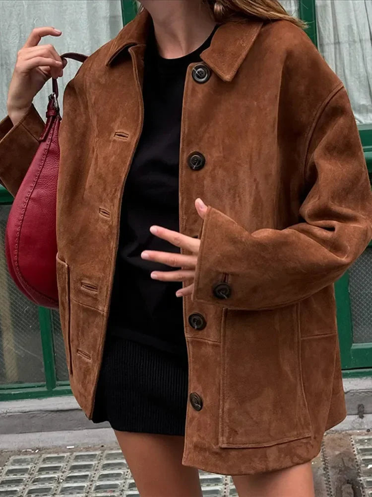 Emily | Refined Retro Button-Front Longline Leather Jacket