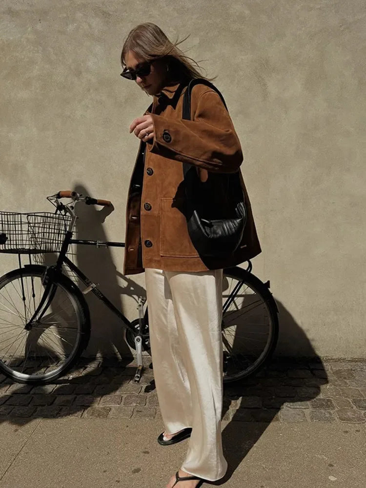 Emily | Refined Retro Button-Front Longline Leather Jacket