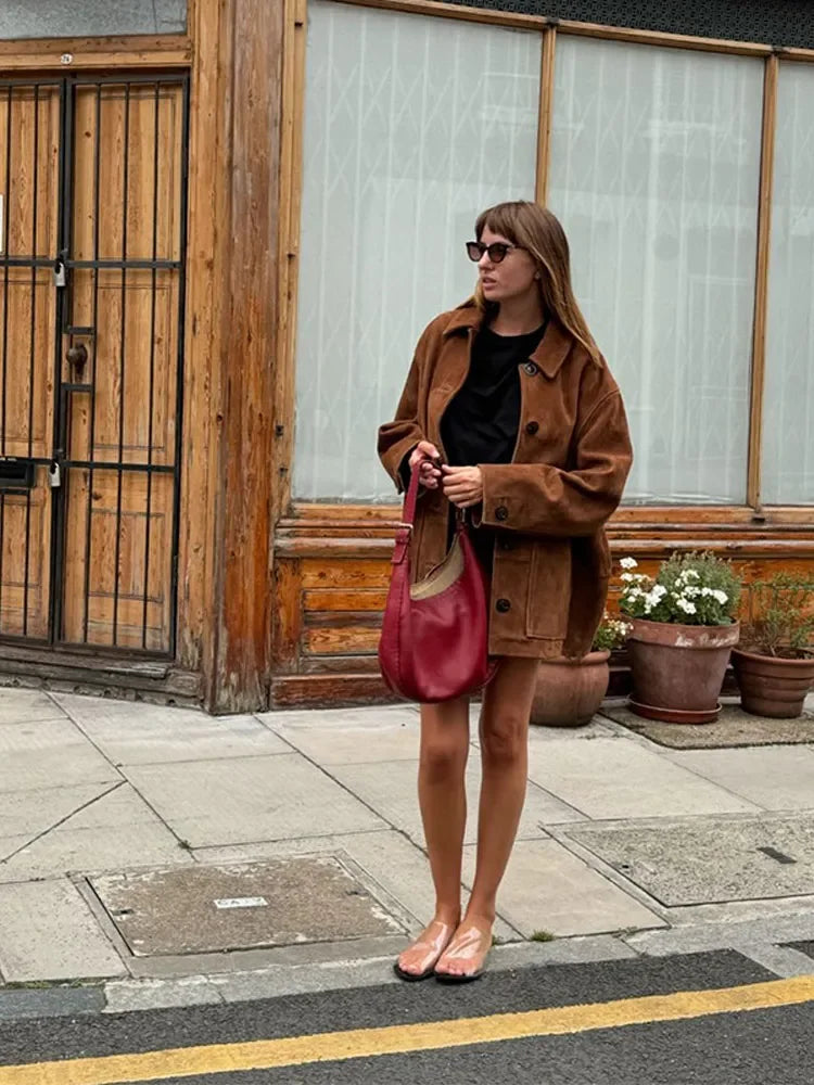 Emily | Refined Retro Button-Front Longline Leather Jacket