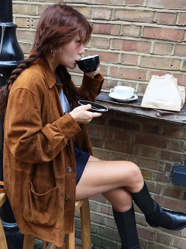 Emily | Refined Retro Button-Front Longline Leather Jacket