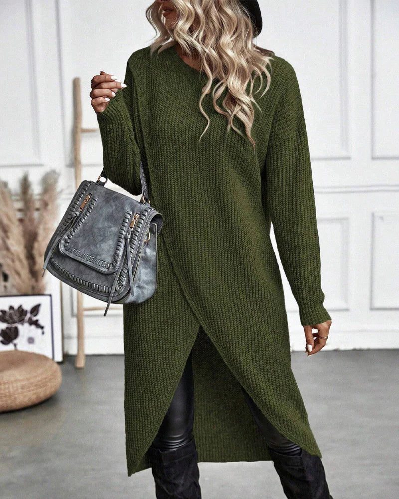 Emma | Effortless Wrap Front Ribbed Knit Winter Dress