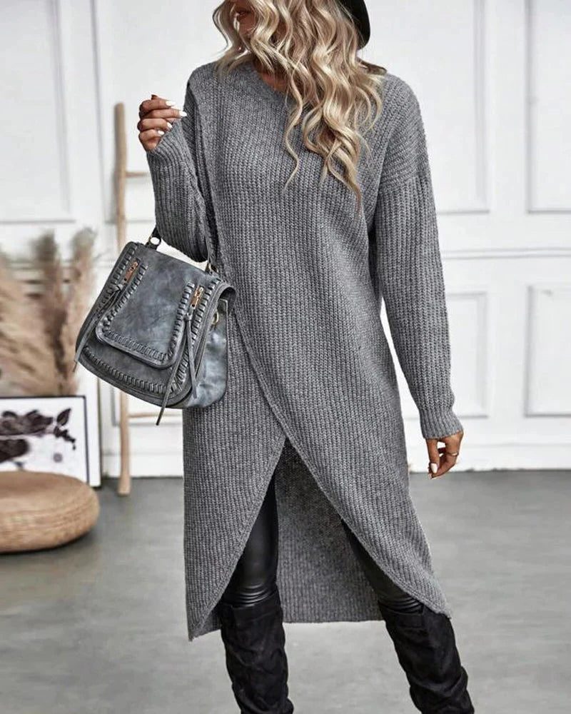 Emma | Effortless Wrap Front Ribbed Knit Winter Dress