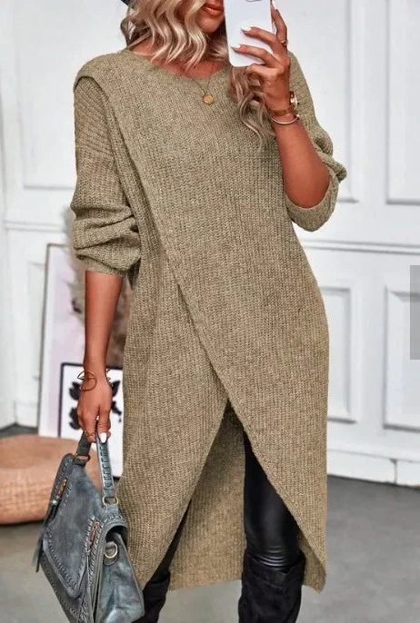 Emma | Effortless Wrap Front Ribbed Knit Winter Dress