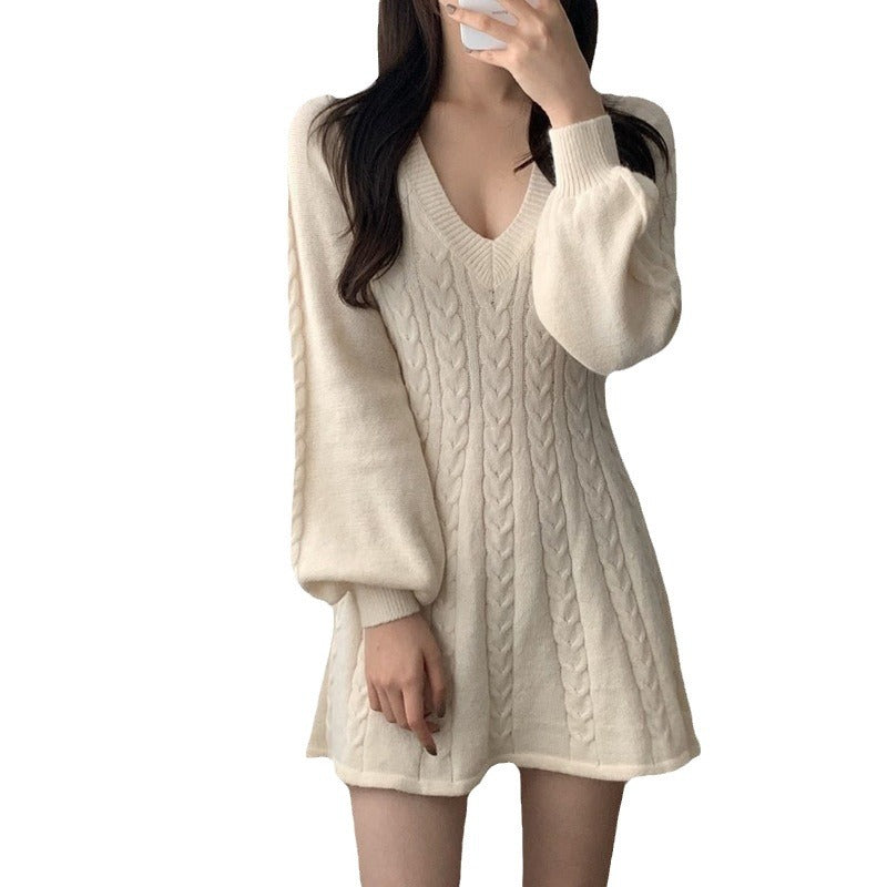Erin | Stylish Cable-Knit V-Neck Winter Dress