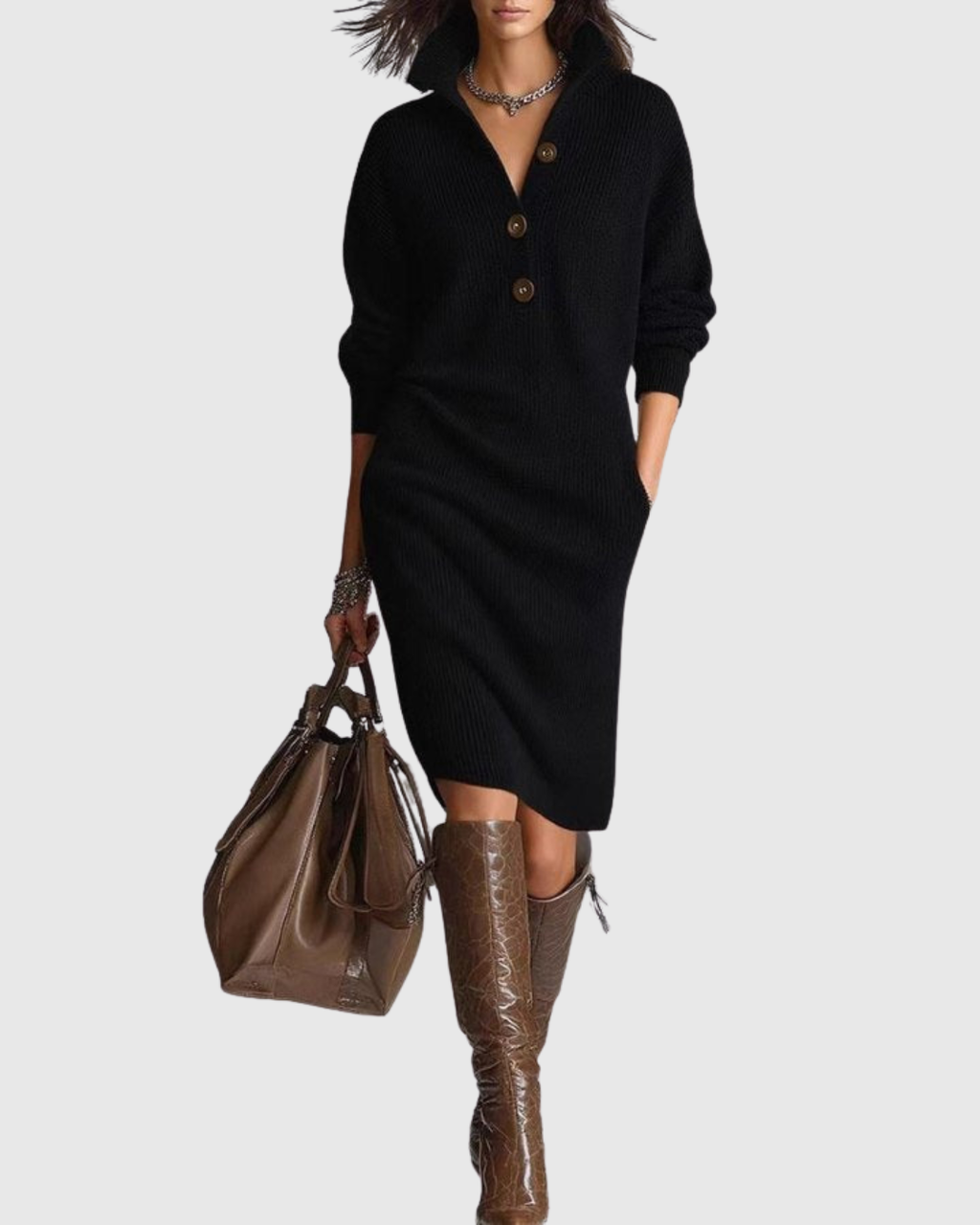 Evelyn | Effortless Button-Up Ribbed Jumper Dress
