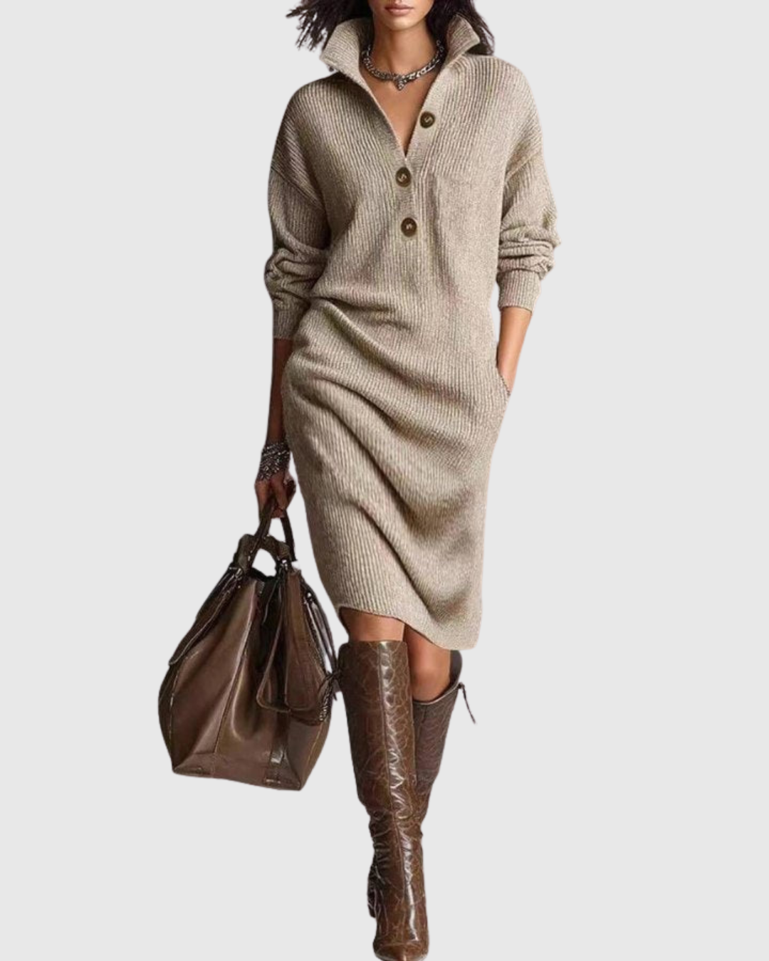 Evelyn | Effortless Button-Up Ribbed Jumper Dress