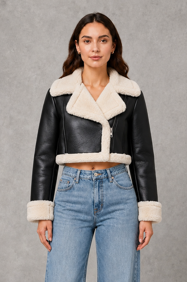 Evelyn | Sophisticated Shearling Collar Cropped Fur Jacket