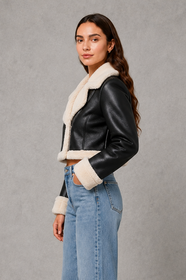 Evelyn | Sophisticated Shearling Collar Cropped Fur Jacket