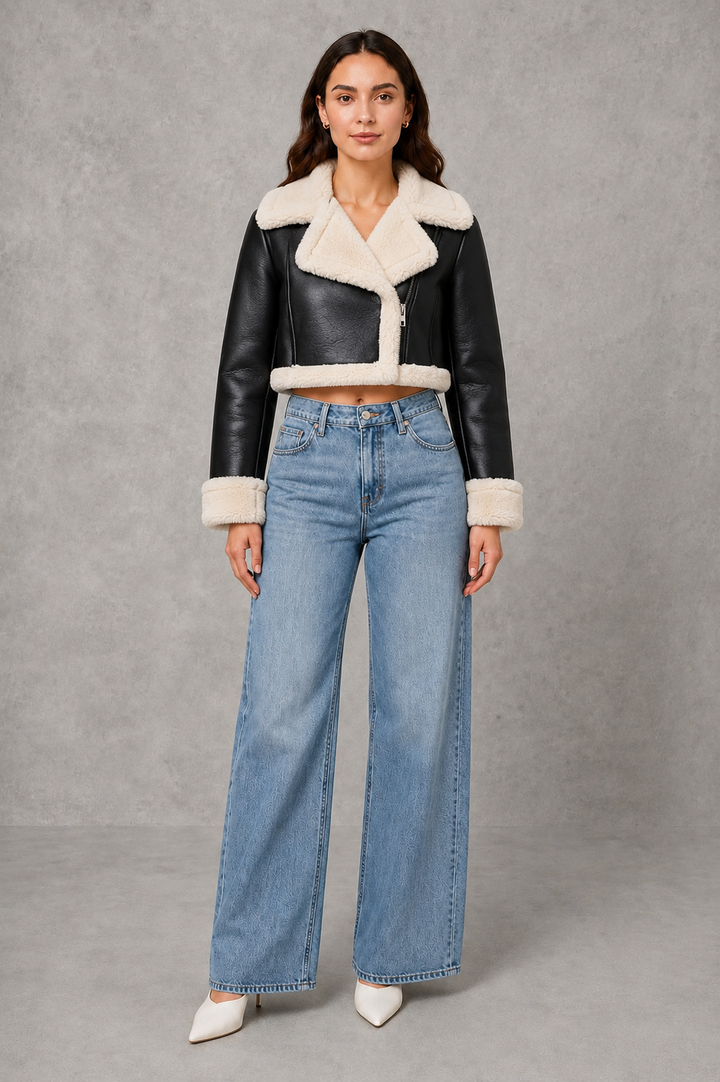 Evelyn | Sophisticated Shearling Collar Cropped Fur Jacket