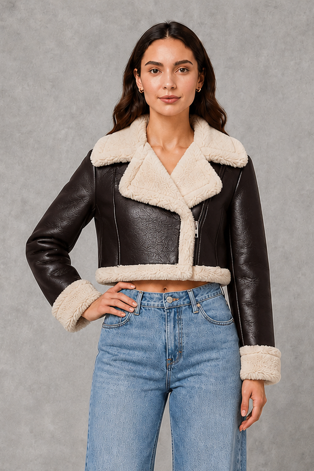 Evelyn | Sophisticated Shearling Collar Cropped Fur Jacket