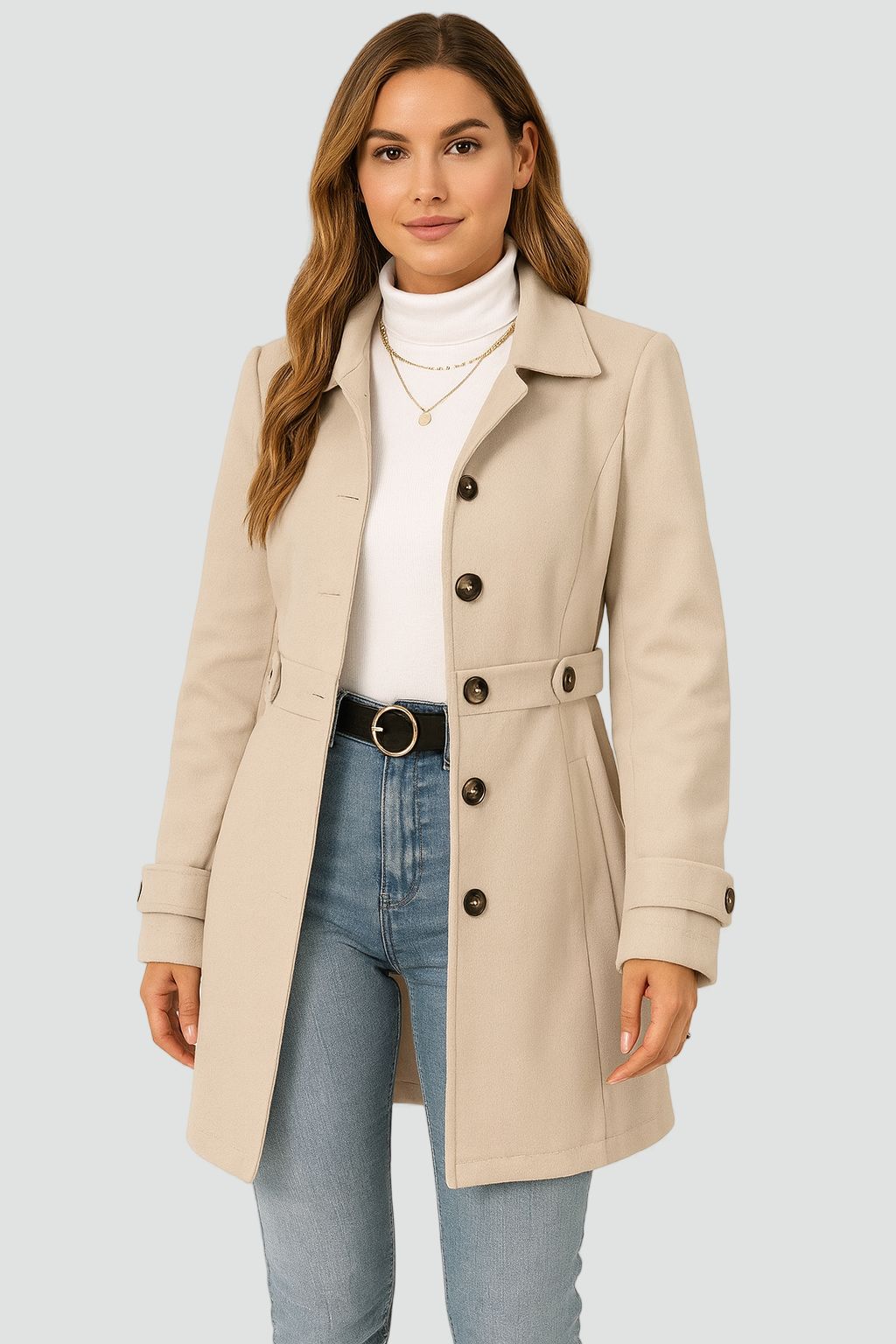 Evie | Classic Belted Long Jacket with Tailored Waist