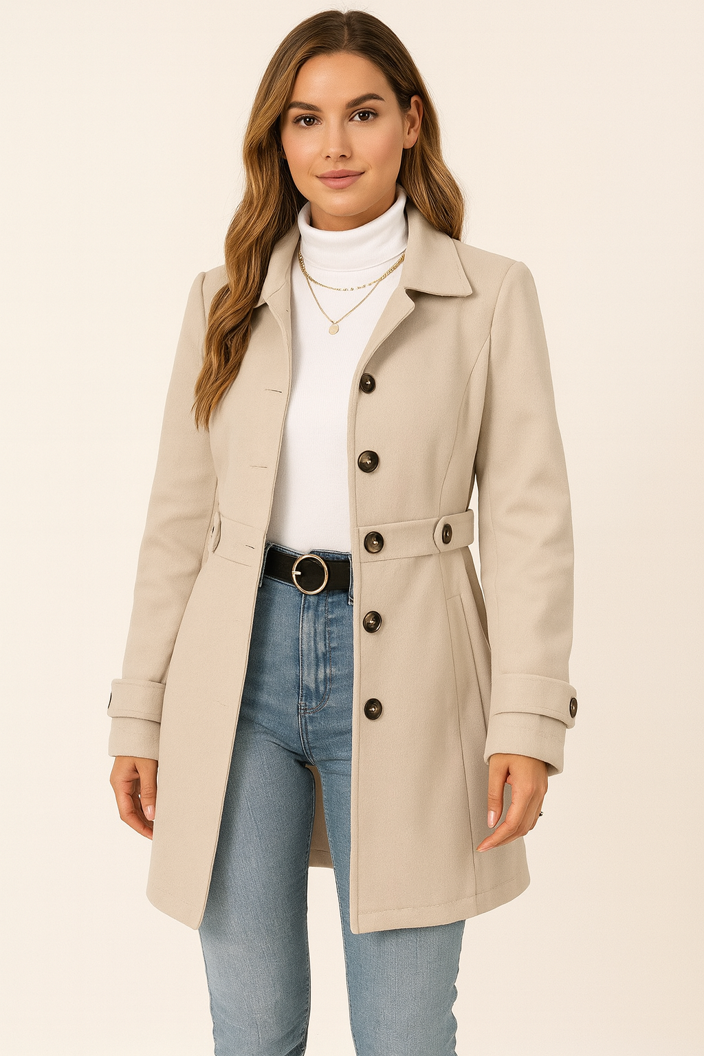 Evie | Classic Belted Long Jacket with Tailored Waist