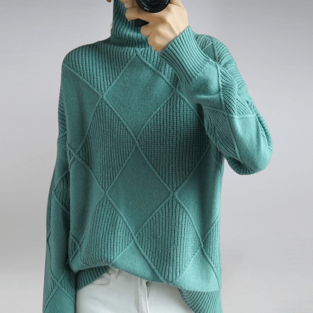 Evie | Stylish Diamond Knit Roll Neck Jumper