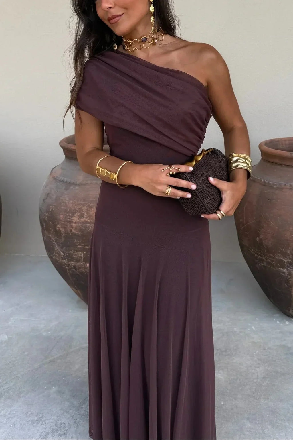 Fatima | Refined One-Shoulder Pleated Autumn Wedding Guest Dress