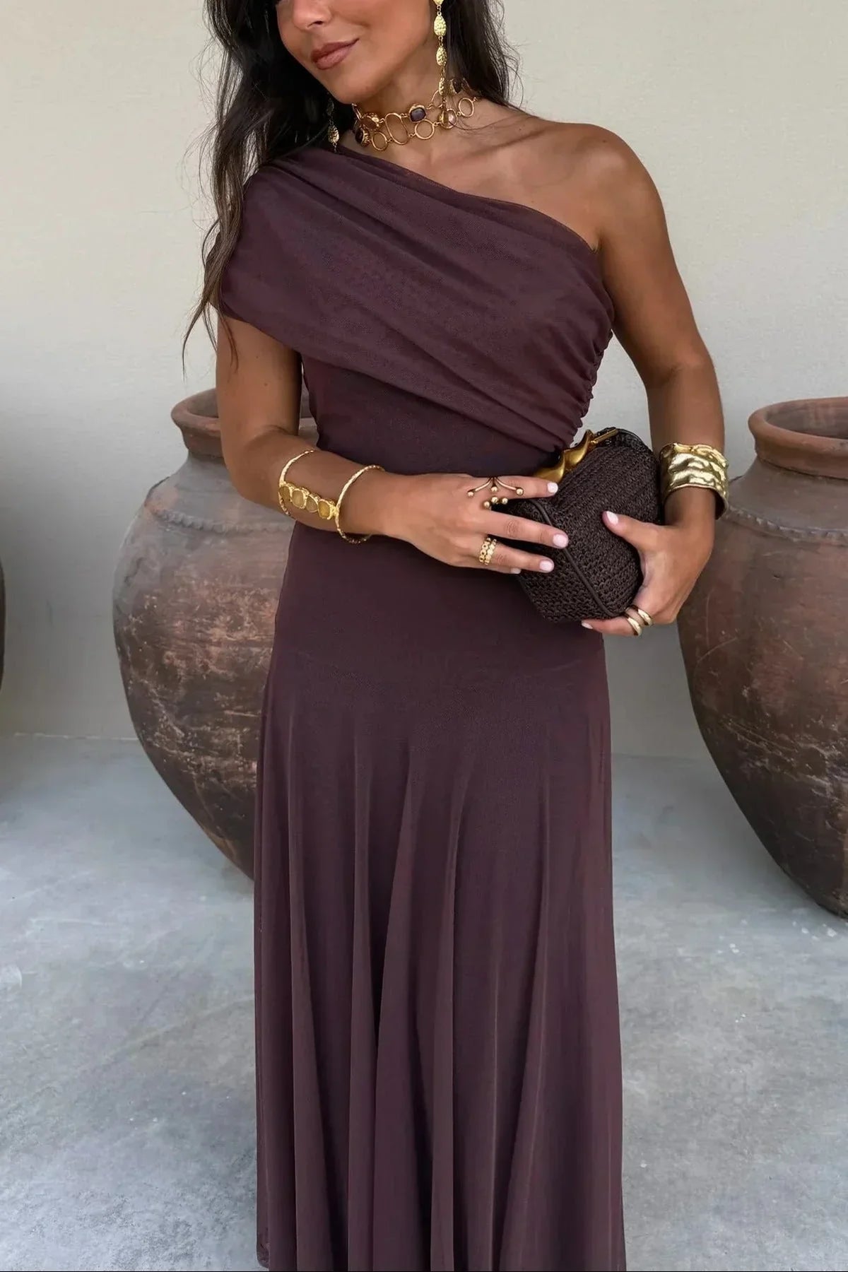 Fatima | Refined One-Shoulder Pleated Autumn Wedding Guest Dress