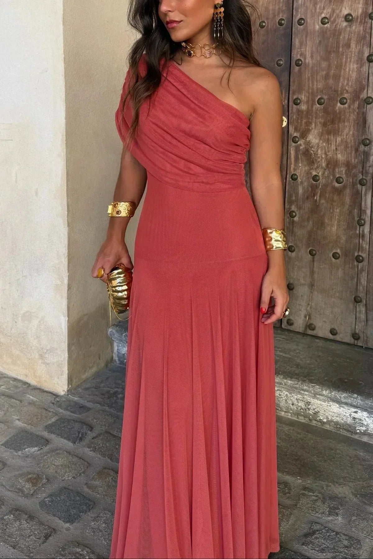 Fatima | Refined One-Shoulder Pleated Autumn Wedding Guest Dress