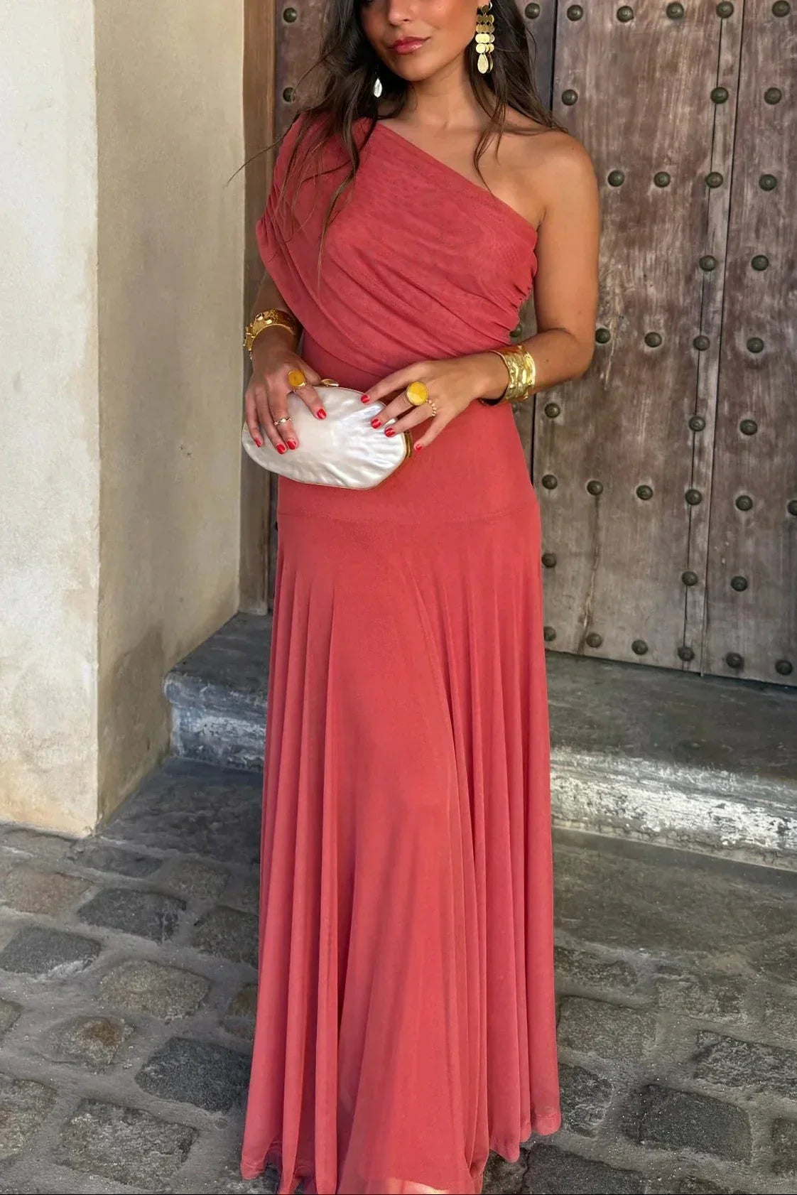 Fatima | Refined One-Shoulder Pleated Autumn Wedding Guest Dress