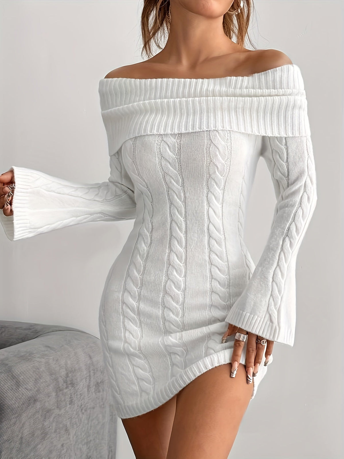 Florence | Chic Off Shoulder Cable Knit Jumper Dress