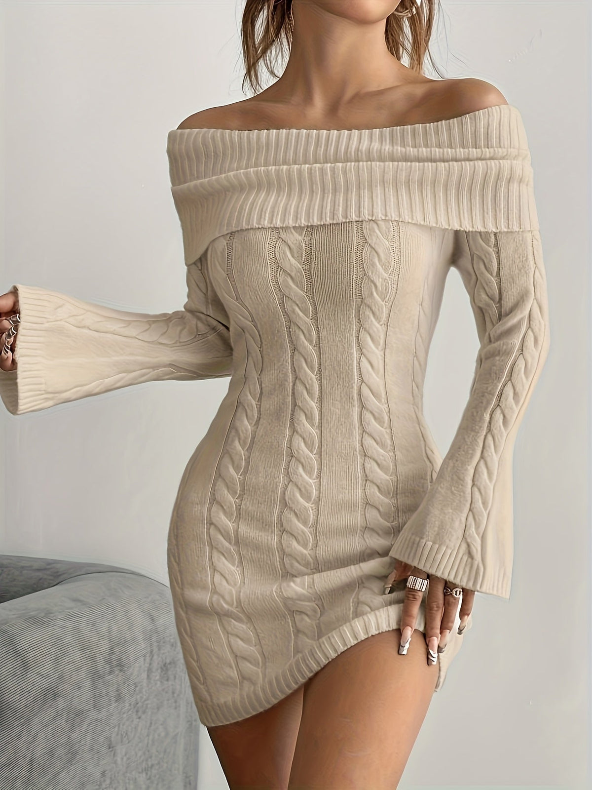 Florence | Chic Off Shoulder Cable Knit Jumper Dress