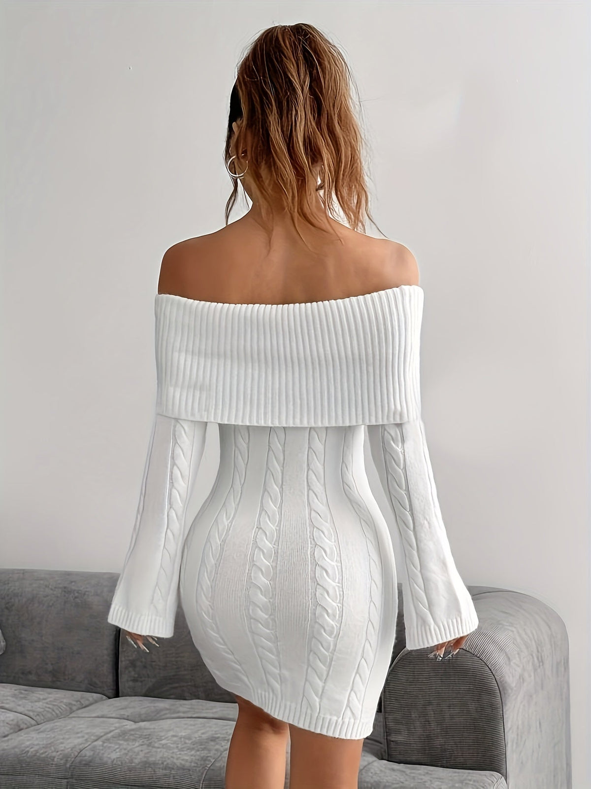 Florence | Chic Off Shoulder Cable Knit Jumper Dress