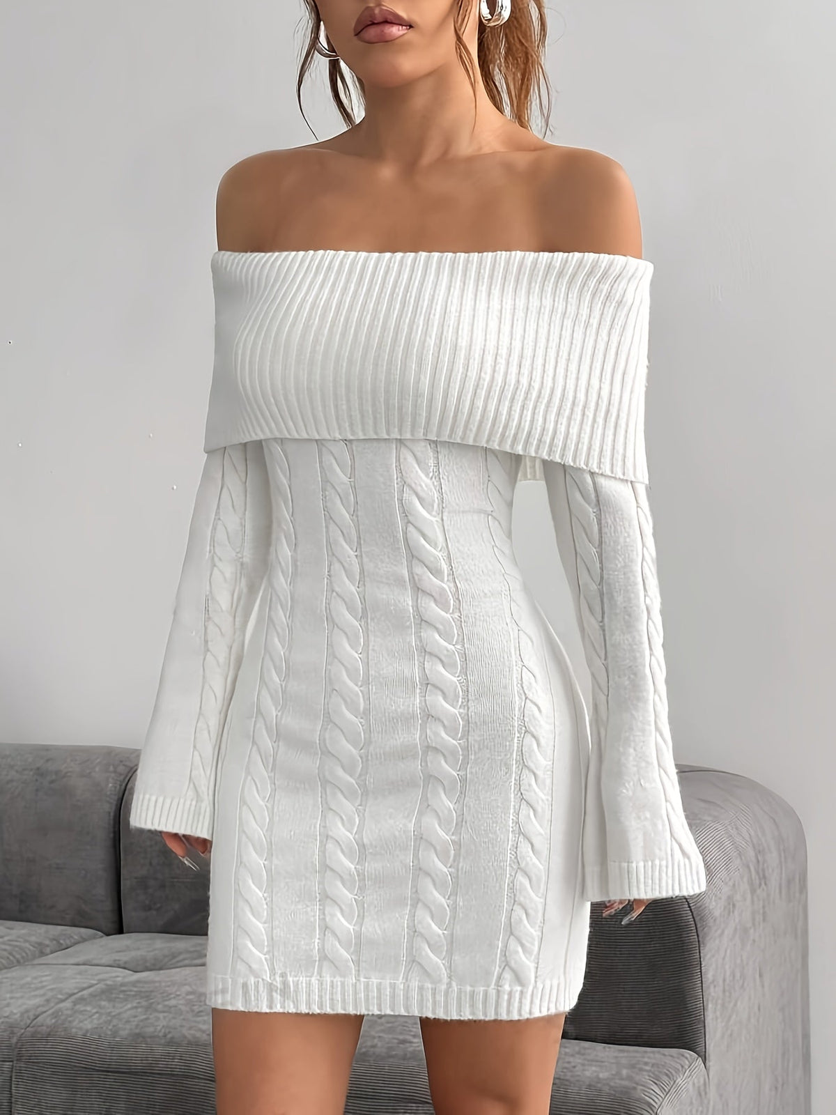Florence | Chic Off Shoulder Cable Knit Jumper Dress