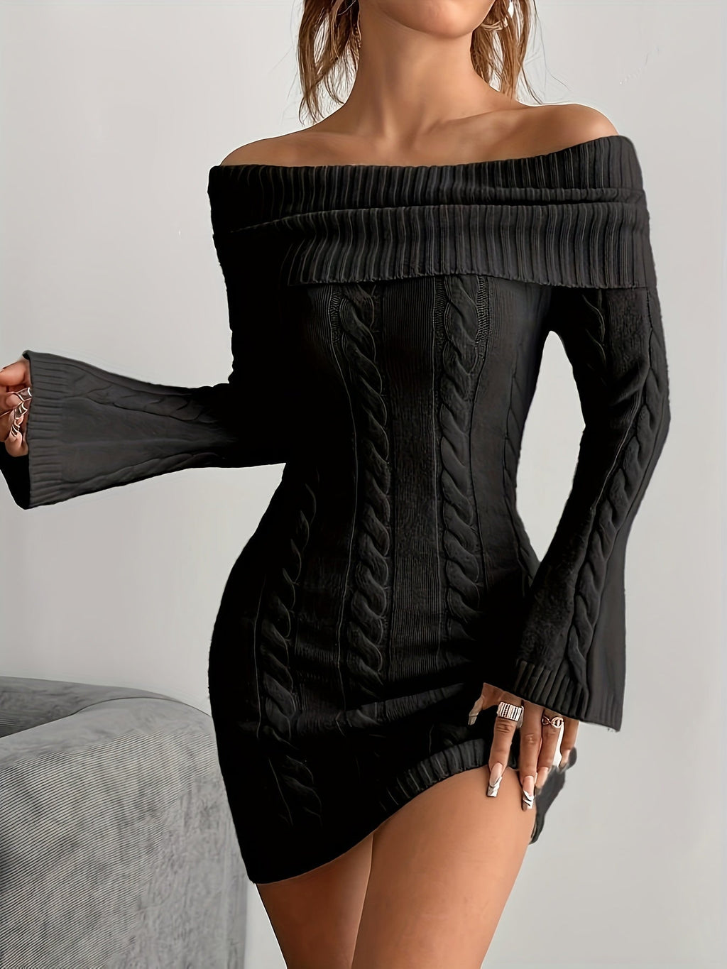 Florence | Chic Off Shoulder Cable Knit Jumper Dress