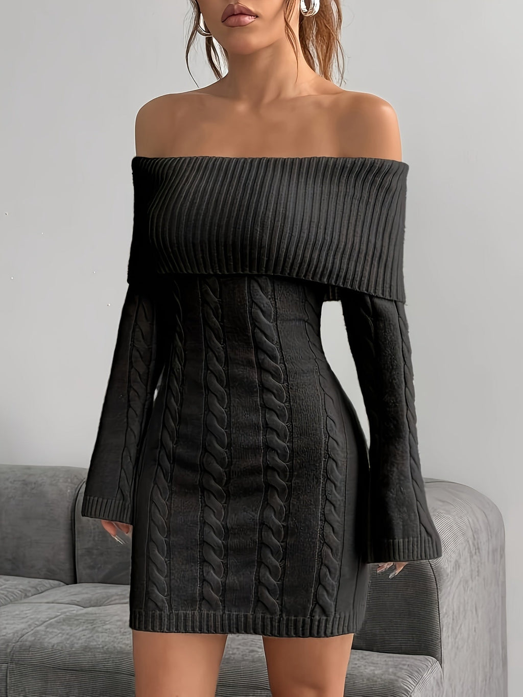Florence | Chic Off Shoulder Cable Knit Jumper Dress