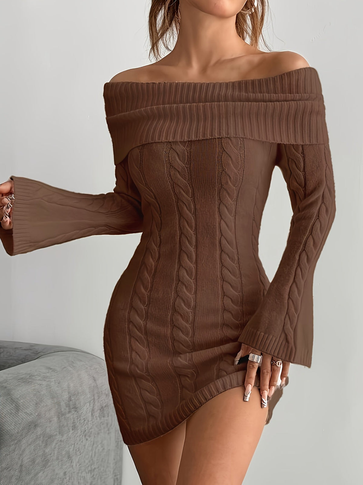Florence | Chic Off Shoulder Cable Knit Jumper Dress