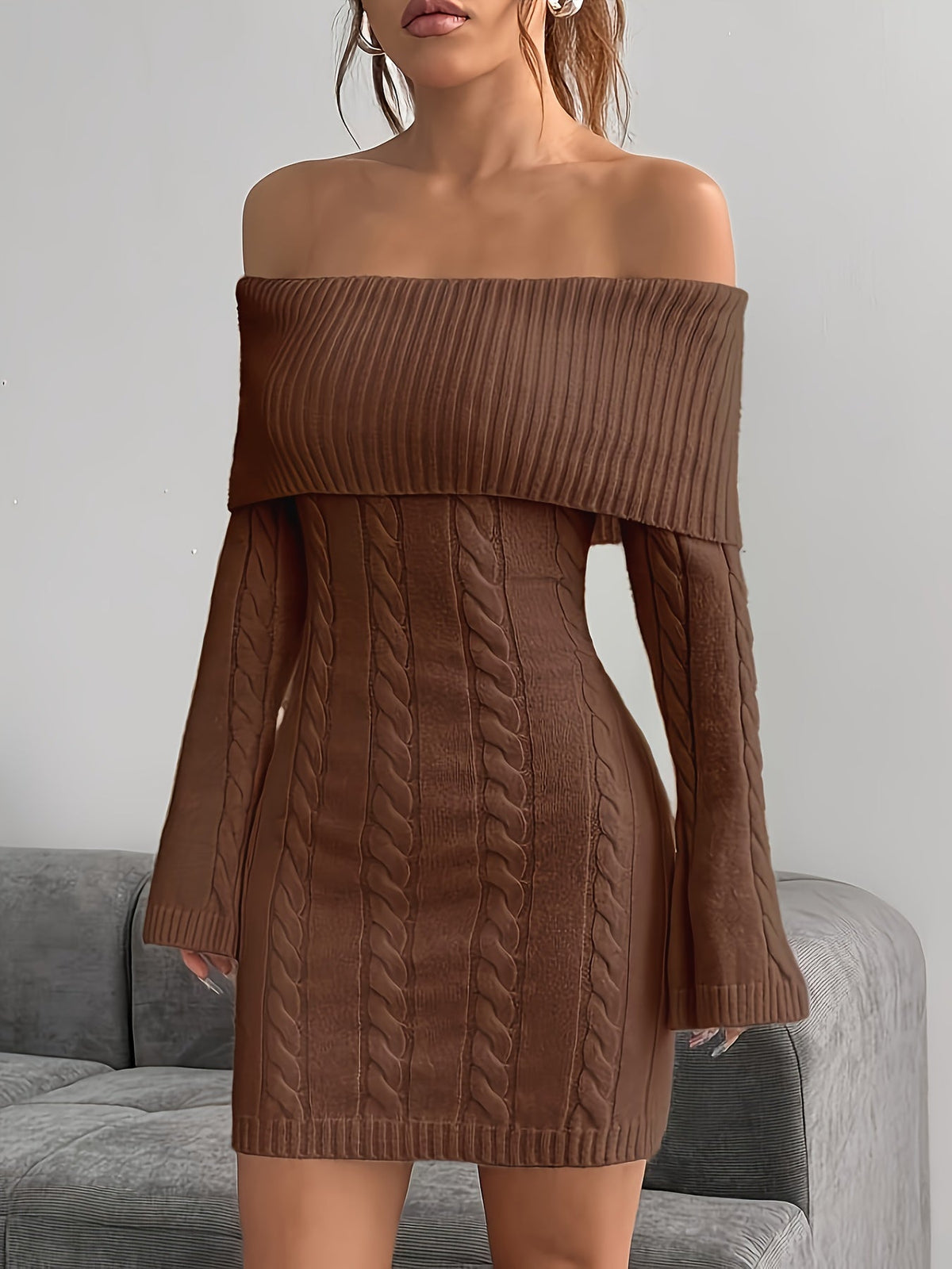 Florence | Chic Off Shoulder Cable Knit Jumper Dress