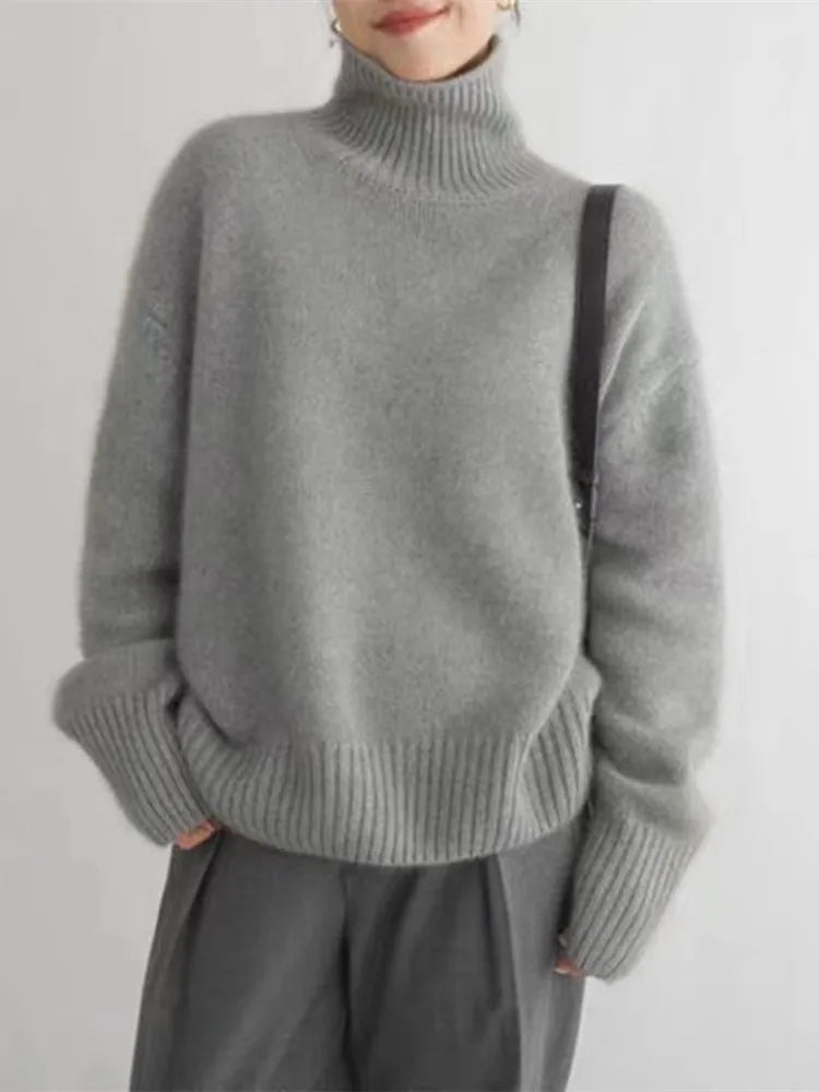 Grace | Chic Oversized Ribbed Trim Roll Neck Jumper