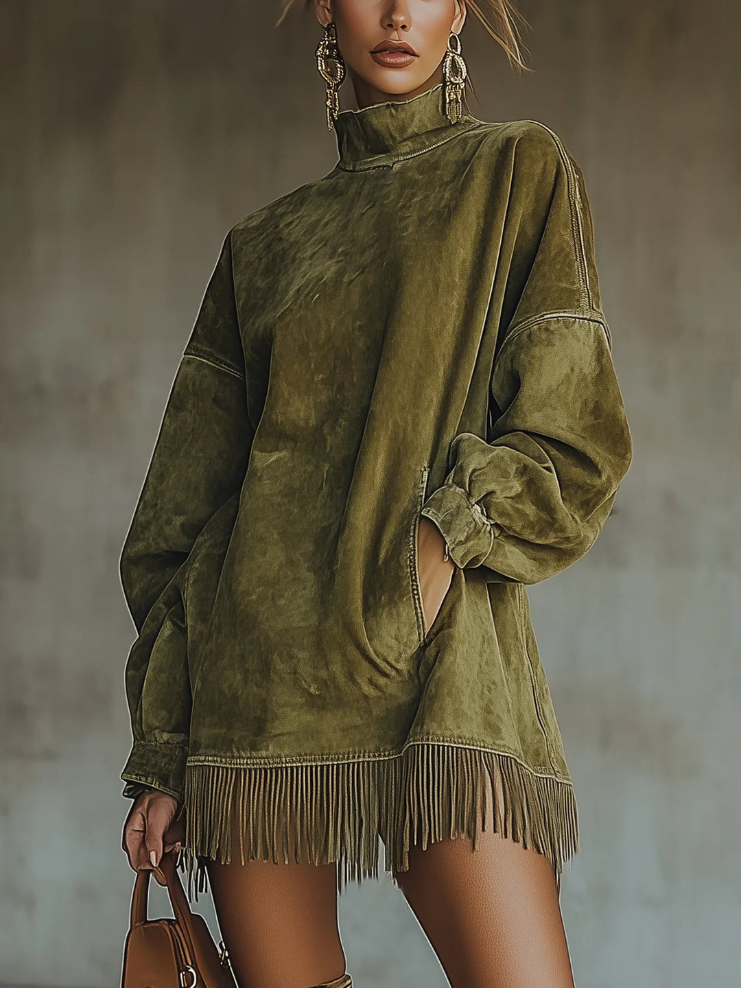Harper | Elegant Fringed High Neck Long Sleeve Dress