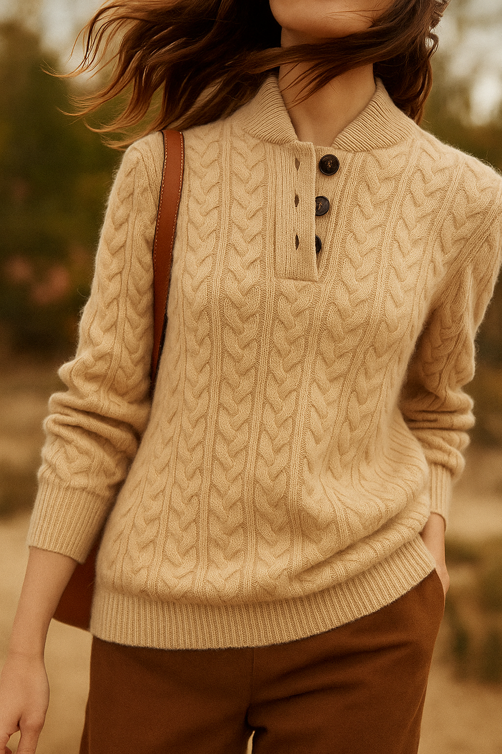 Harriet | Chic Cable Knit Button Neck Womens Jumpers